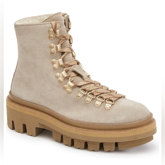 All Saints Wanda Genuine Shearling Lug Sole Combat in Stone White Boot Size 7